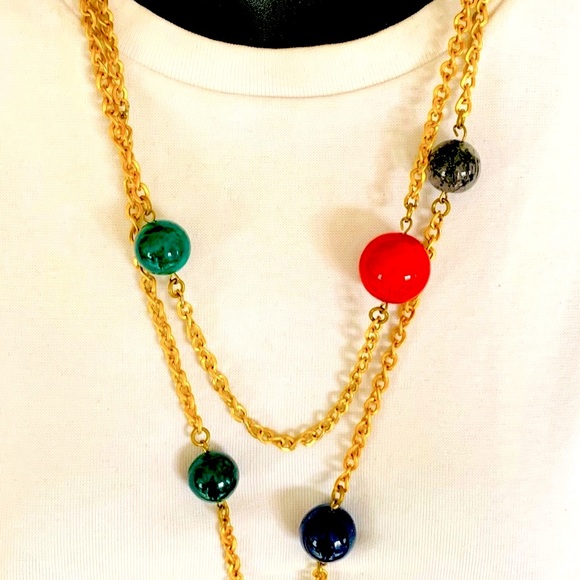 Gold tone chain necklace with bright colored balls - Picture 3 of 12